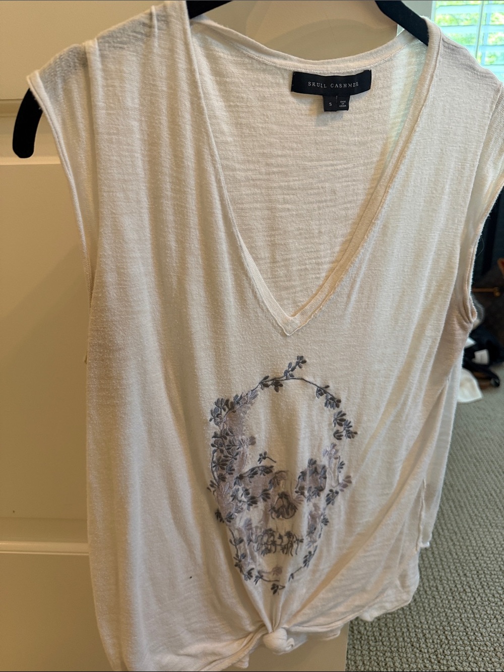 Skull Cashmere Cream V-Neck Tank with Floral Skull Graphic
